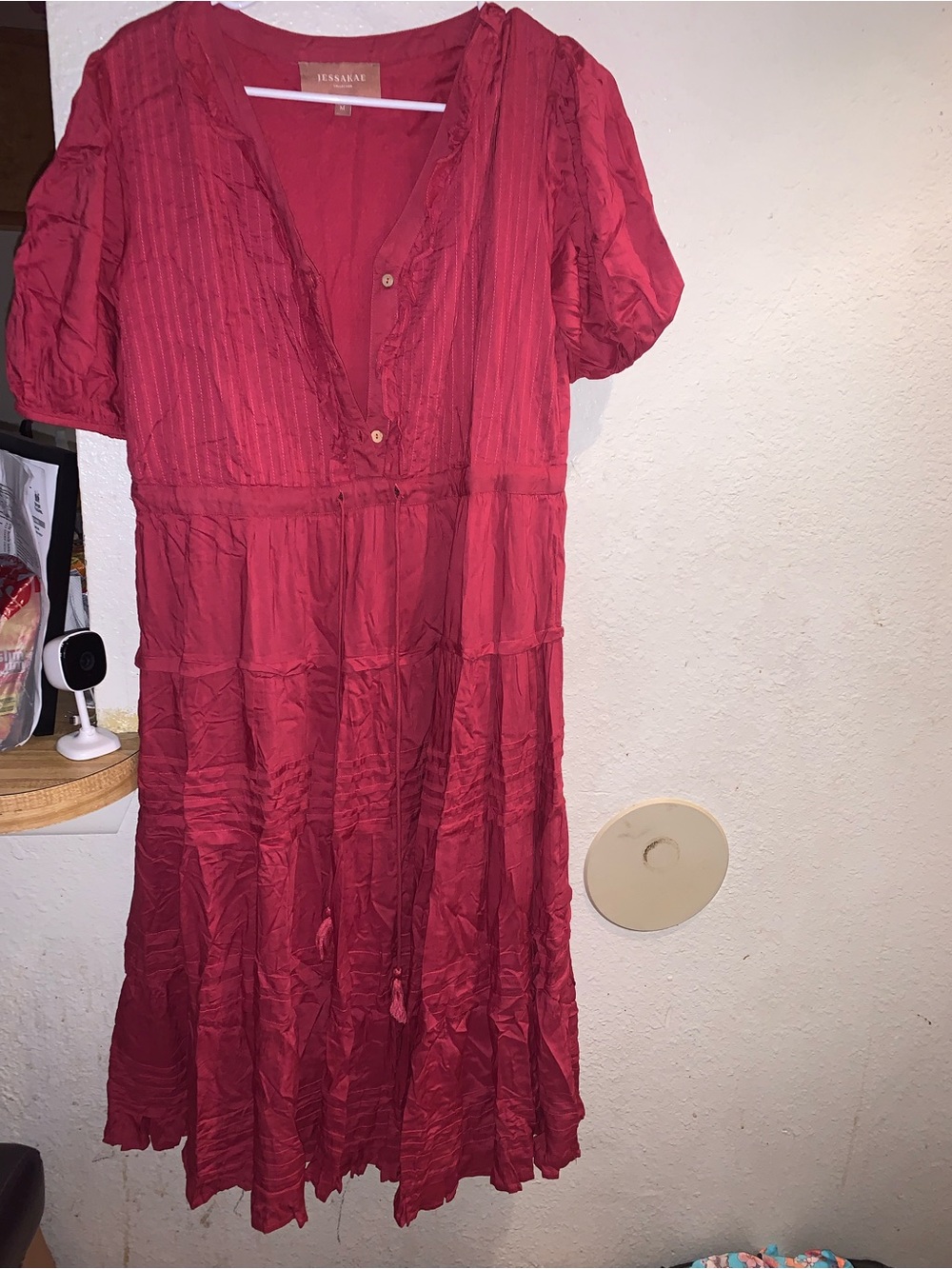 Jessica Deep Red Tiered V-Neck Midi Dress